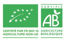 Load image into Gallery viewer, Two green certification logos on a white background: a FR-BIO-10 organic agriculture logo with a curved arrow and stars, and an AB agriculture biologique certification logo with a leaf and the letters AB.