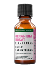Load image into Gallery viewer, A 30 ml amber glass bottle of Laboratoire Altho Géranium Rosat Biological Essential Oil with a black ribbed cap and a white and pink label, shown on a plain white background.
