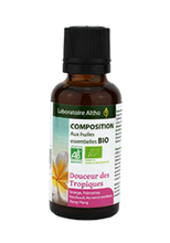 Load image into Gallery viewer, Diffuser Blend Organic Soft and Tropical Blend, 30ml  Just a few drops in your diffuser will surround you with pleasantly fragrant air. This scent contains tropical notes.  Composition:  Blend of organic essential oils: Palmarosa, Patchouli, Exotic Verbena and Ylang Ylang  Laboratoire ALTHO Aromatherapy Ireland