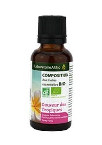 Diffuser Blend Organic Soft and Tropical Blend, 30ml  Just a few drops in your diffuser will surround you with pleasantly fragrant air. This scent contains tropical notes.  Composition:  Blend of organic essential oils: Palmarosa, Patchouli, Exotic Verbena and Ylang Ylang  Laboratoire ALTHO Aromatherapy Ireland