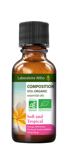 Diffuser Blend Organic Soft and Tropical Blend, 30ml  Just a few drops in your diffuser will surround you with pleasantly fragrant air. This scent contains tropical notes.  Composition:  Blend of organic essential oils: Palmarosa, Patchouli, Exotic Verbena and Ylang Ylang  Laboratoire ALTHO Aromatherapy Ireland
