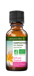 Diffuser Blend Organic Soft and Tropical Blend, 30ml  Just a few drops in your diffuser will surround you with pleasantly fragrant air. This scent contains tropical notes.  Composition:  Blend of organic essential oils: Palmarosa, Patchouli, Exotic Verbena and Ylang Ylang  Laboratoire ALTHO Aromatherapy Ireland