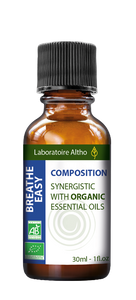 Laboratoire Altho has perfected this synergy of 10 organic essential oils that have been especially selected for their expectorant, anti-inflammatory, antibacterial and antiviral properties. Diffuse this blend in your living space to help decongest your breathing apparatus and to sanitise the air around you, thus avoiding contagious illnesses.  Blend of organic essential oils: Cajeput, Cypress, Eucalytpus globulus, Lavandin super, Niaouli, Maritime pine, Ravintsara, Rosemary, Tea tree, Thyme