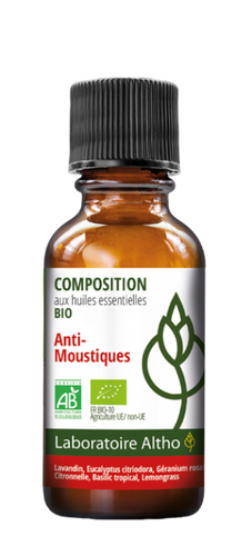 Mosquito Repellent Diffuser Blend with organic essential oils by Laboratoire ALTHO available in Ireland Organic essential oils from Super Lavender, Lemon Eucalyptus, Lemongrass, Geranium Rose and Tropical Basil.