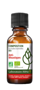 Mosquito Repellent Diffuser Blend with organic essential oils by Laboratoire ALTHO available in Ireland Organic essential oils from Super Lavender, Lemon Eucalyptus, Lemongrass, Geranium Rose and Tropical Basil.