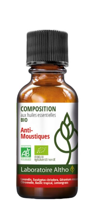 Mosquito Repellent Diffuser Blend with organic essential oils by Laboratoire ALTHO available in Ireland Organic essential oils from Super Lavender, Lemon Eucalyptus, Lemongrass, Geranium Rose and Tropical Basil.