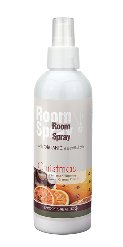 Christmas Room Spray Natural fragrance air freshener. Cinnamon, nutmeg, sweet orange and pine essential oils. Laboratoire ALTHO available to buy now in Ireland.